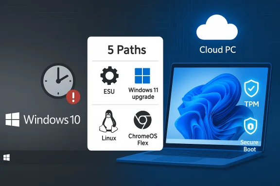 A Windows 10 graphic showing five upgrade paths to Windows 11 and Cloud PC options.