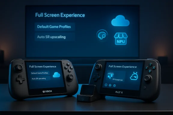 Two handheld gaming devices (Xbox and Ally X) on a table, showing a “Full Screen Experience” setup with a projected screen.