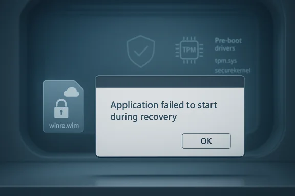 Error dialog: Application failed to start during recovery with an OK button.