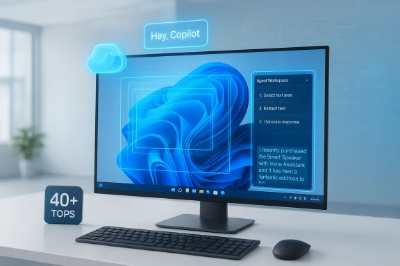 Sleek computer desk with AI Copilot prompt, blue abstract monitor art, and a 40+ TOPS badge.