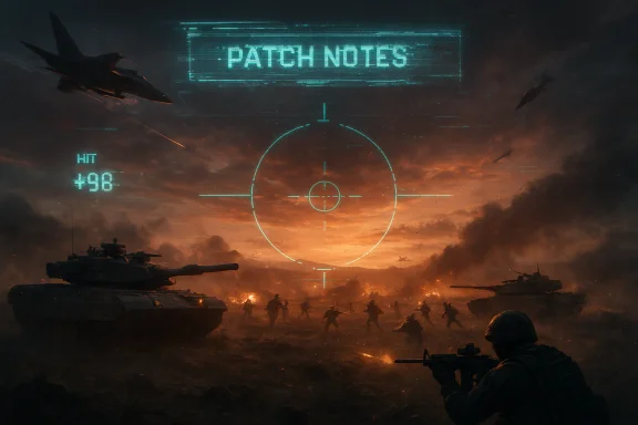 Sci‑fi battlefield at dusk with tanks, soldiers, jets, and a glowing HUD crosshair.