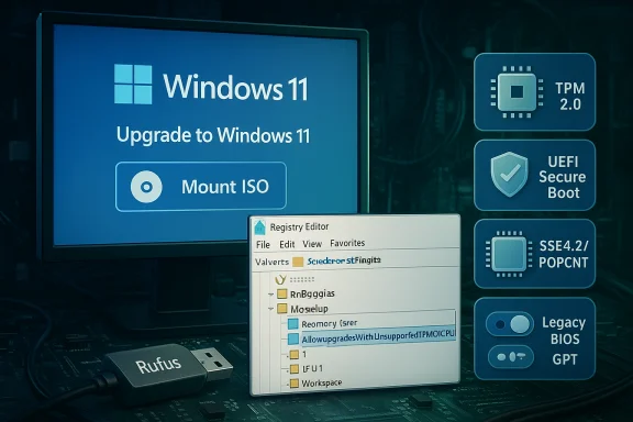 Windows 11 upgrade screen featuring Mount ISO option, TPM 2.0, UEFI Secure Boot, and a Rufus USB drive.