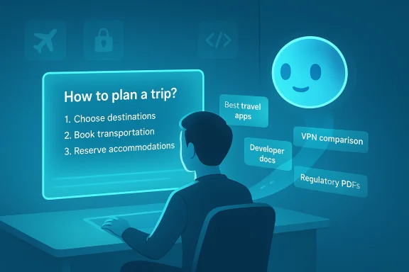 A person at a desk plans a trip on a glowing screen with steps and floating app icons. A person at a desk plans a trip on a glowing screen with steps and floating app icons.