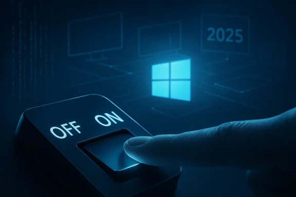 A finger presses the ON switch on a futuristic device with a glowing Windows logo in the background. A finger presses the ON switch on a futuristic device with a glowing Windows logo in the background.