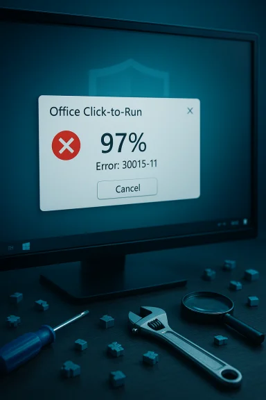 A computer screen shows an Office Click-to-Run error (97%, code 30015-11) with tools scattered on the desk. A computer screen shows an Office Click-to-Run error (97%, code 30015-11) with tools scattered on the desk.