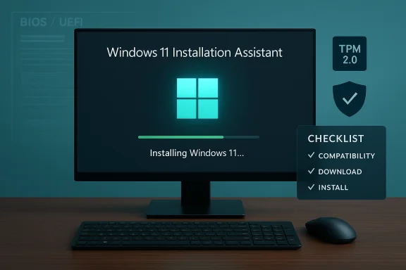Windows 11 installation in progress on a desktop monitor with a TPM 2.0 shield and checklist. Windows 11 installation in progress on a desktop monitor with a TPM 2.0 shield and checklist.