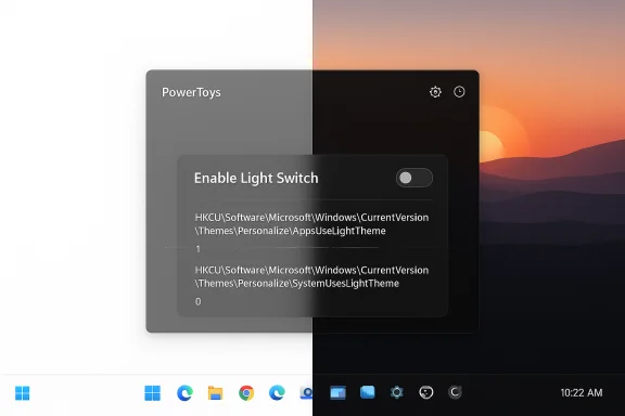 Split-screen concept showing PowerToys' Enable Light Switch toggle over light and dark themes.