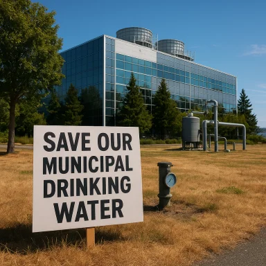 Bold sign urging to save municipal drinking water in front of a glass office building and water infrastructure.