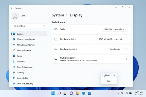 Windows 11 Settings window showing Display options: scale, resolution, orientation, and multiple displays. Windows 11 Settings window showing Display options: scale, resolution, orientation, and multiple displays.