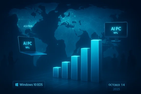 Blue hi-tech infographic with AI PC/NPU devices, a rising bar chart, and a world map. Blue hi-tech infographic with AI PC/NPU devices, a rising bar chart, and a world map.