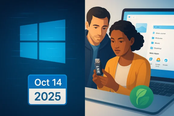 Two people inspect a LIVE USB drive beside a Windows-themed screen showing Oct 14, 2025. Two people inspect a LIVE USB drive beside a Windows-themed screen showing Oct 14, 2025.