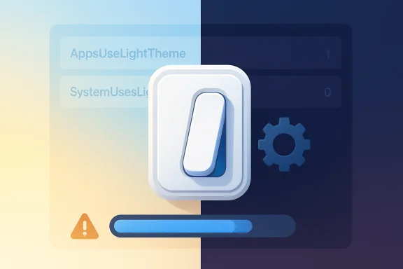 Split-screen 3D toggle between light and dark themes with a progress bar and gear icon.
