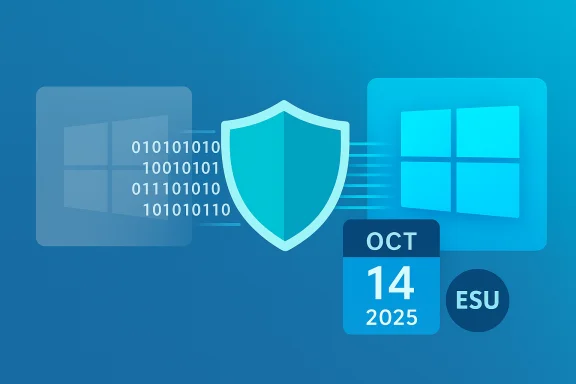 Cybersecurity concept: shield between Windows logos, with binary data and a date of Oct 14, 2025.