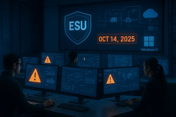 Cybersecurity operations center monitoring warning alerts across screens, with an ESU shield logo.