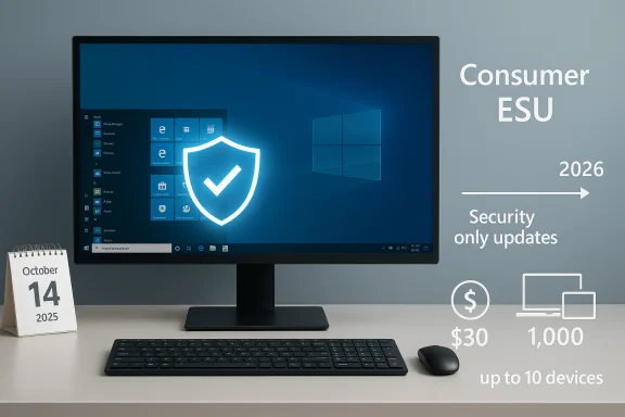 Desktop PC showing Windows with a glowing shield; ad for Consumer ESU security updates (2026, up to 10 devices).