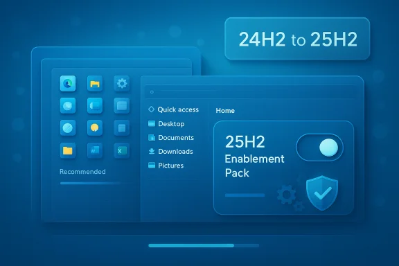 Blue layered UI mockup showcasing the 25H2 Enablement Pack and app shortcuts. Blue layered UI mockup showcasing the 25H2 Enablement Pack and app shortcuts.