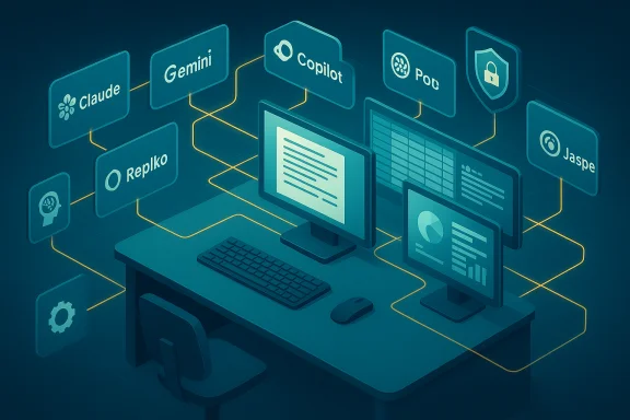 Futuristic desk with multiple AI copilots connected to a central computer.