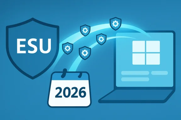 Blue security infographic showing an ESU shield guarding a Windows laptop and a 2026 calendar.