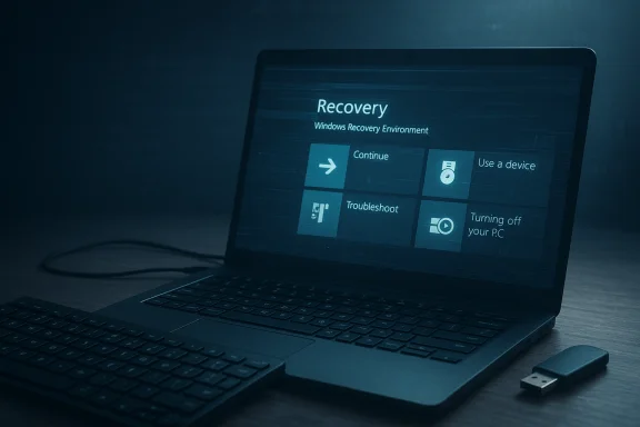 Laptop screen shows Windows Recovery Environment with options like Continue, Troubleshoot, or Use a device.