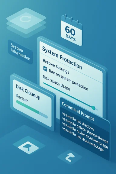 Isometric illustration of a system maintenance dashboard featuring System Protection, Disk Cleanup, and Command Prompt.