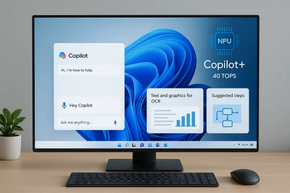 Desktop monitor displays Copilot AI UI with chat panels on Windows, with keyboard and mouse. Desktop monitor displays Copilot AI UI with chat panels on Windows, with keyboard and mouse.