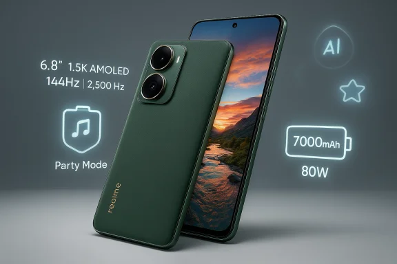 Green Realme phone with 6.8-inch AMOLED, 144Hz display, 7000mAh battery, and 80W fast charging. Green Realme phone with 6.8-inch AMOLED, 144Hz display, 7000mAh battery, and 80W fast charging.