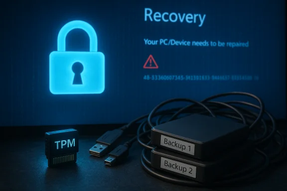 A TPM module sits beside two labeled backups as a recovery warning glows on the screen.