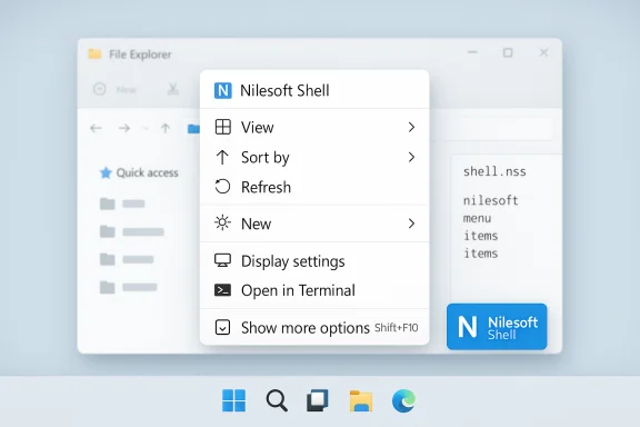 Windows-style File Explorer with a Nilesoft Shell context menu overlay. Windows-style File Explorer with a Nilesoft Shell context menu overlay.