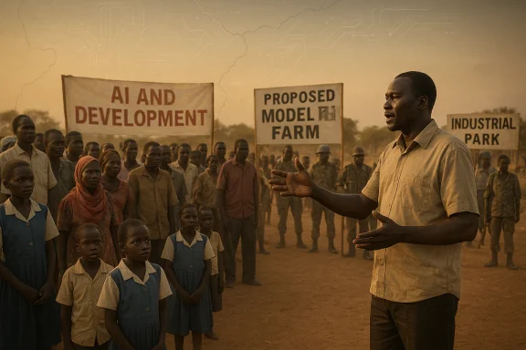 A man addresses a rural crowd about AI development and a proposed model farm.
