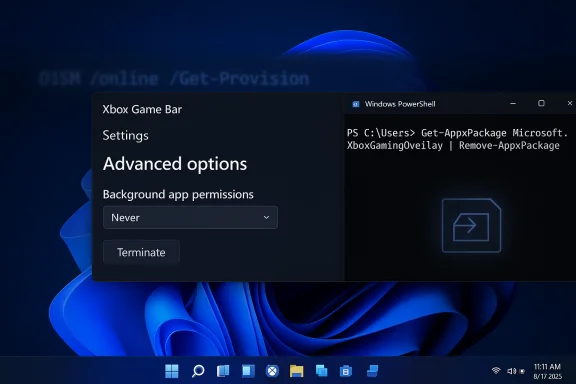 Windows 11 desktop showing Xbox Game Bar options and a PowerShell command to remove XboxGamingOverlay.