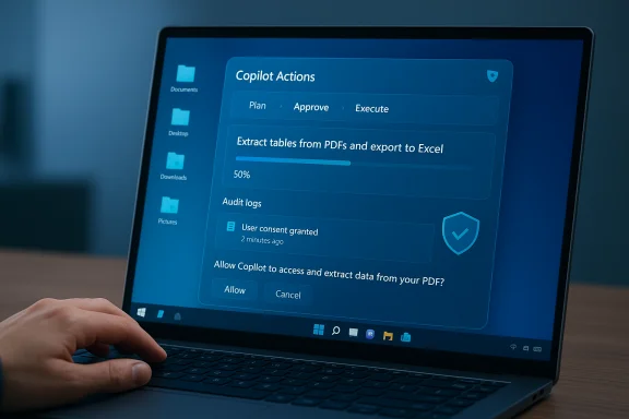 Laptop screen displaying Copilot Actions workflow with PDF table extraction progress to Excel.