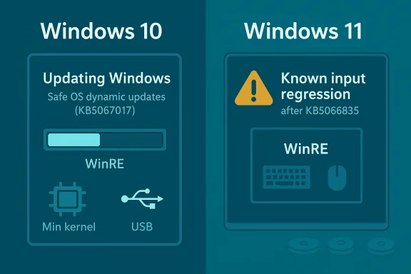 Split-screen illustration contrasts Windows 10 update progress with Windows 11 input regression warning.