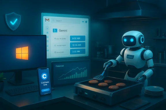 A friendly robot chef grills burgers in a high-tech kitchen with multiple screens.