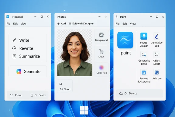 Three Windows apps—Notepad, Photos, and Paint—floating on a blue desktop.