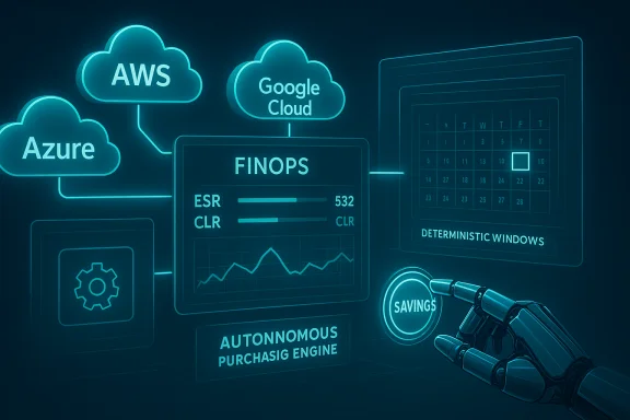 Neon dashboard showing AWS, Azure, Google Cloud with FinOps analytics and a robotic hand near Savings. Neon dashboard showing AWS, Azure, Google Cloud with FinOps analytics and a robotic hand near Savings.