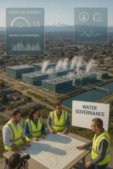 Engineers in safety vests review a city water map at a treatment plant. Engineers in safety vests review a city water map at a treatment plant.