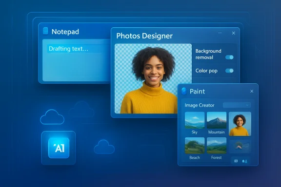A blue futuristic UI with Notepad, Photos Designer and Paint windows for AI image editing.