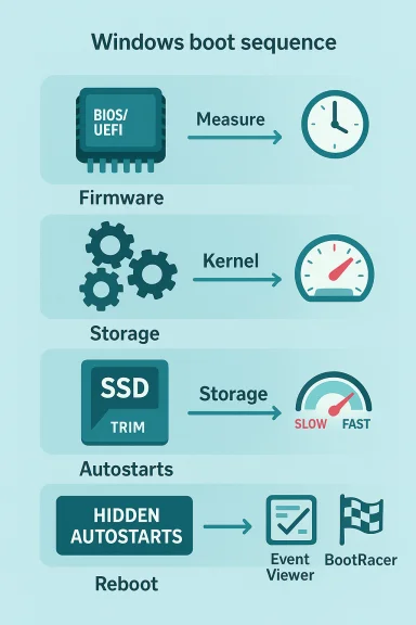 Infographic showing Windows boot sequence from BIOS/UEFI through firmware, kernel, storage, autostarts, to reboot. Infographic showing Windows boot sequence from BIOS/UEFI through firmware, kernel, storage, autostarts, to reboot.