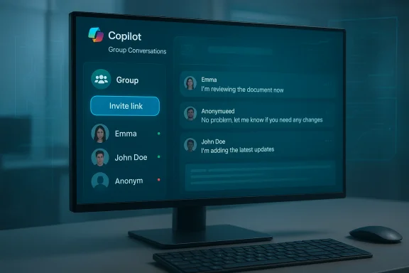 A monitor displays Copilot group conversations UI with an Invite link and member messages. A monitor displays Copilot group conversations UI with an Invite link and member messages.