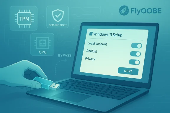 A hand inserts a USB drive into a laptop running Windows 11 Setup.
