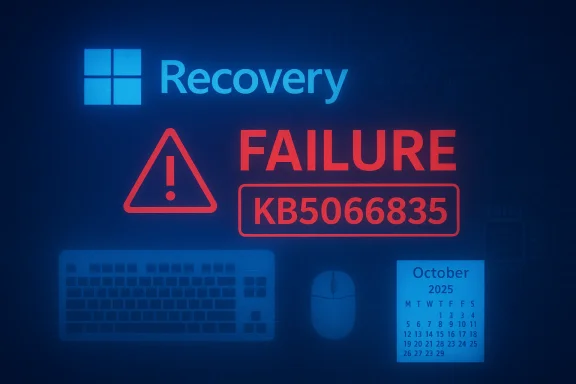 Blue screen displays Windows Recovery error: FAILURE KB5066835 with a red warning triangle.