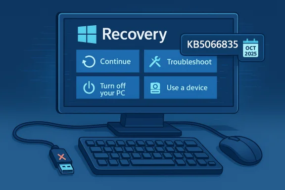 Blue Windows Recovery screen with options: Continue, Troubleshoot, Turn off, Use a device.