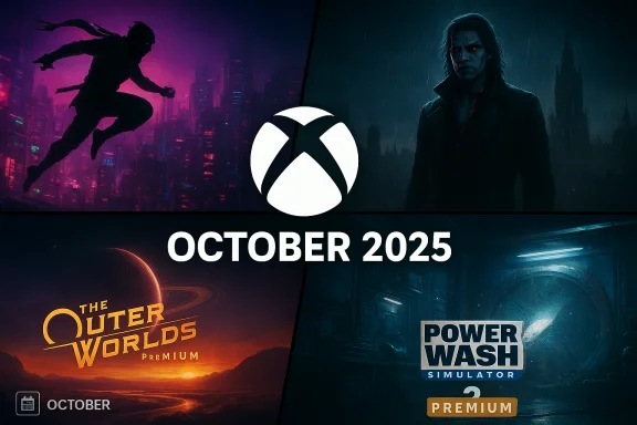 Xbox collage of October 2025 games: neon-city hero, rain-soaked noir, The Outer Worlds, and Power Wash Simulator. Xbox collage of October 2025 games: neon-city hero, rain-soaked noir, The Outer Worlds, and Power Wash Simulator.