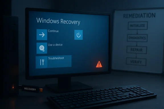 Windows Recovery screen on a monitor with a USB recovery drive in a dim blue-lit setup. Windows Recovery screen on a monitor with a USB recovery drive in a dim blue-lit setup.