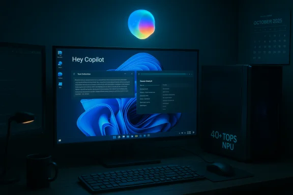 Dimly lit desk with a Windows 11 monitor showing “Hey Copilot” and a blue abstract wallpaper. Dimly lit desk with a Windows 11 monitor showing “Hey Copilot” and a blue abstract wallpaper.
