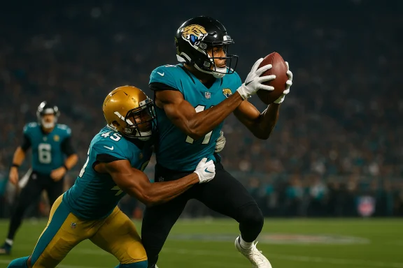 Jacksonville Jaguars receiver makes a catch as a defender clings to him.