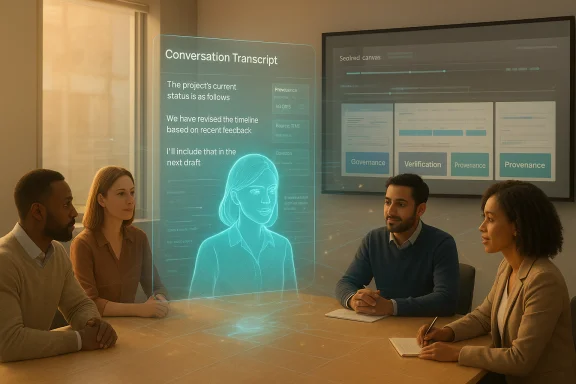 A holographic conversation transcript floats beside a four-person team in a conference room. A holographic conversation transcript floats beside a four-person team in a conference room.