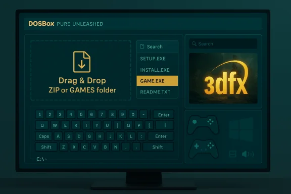 Retro DOSBox UI showing drag-and-drop ZIP or GAMES folder, highlighted GAME.EXE, and a large 3dfx graphic. Retro DOSBox UI showing drag-and-drop ZIP or GAMES folder, highlighted GAME.EXE, and a large 3dfx graphic.