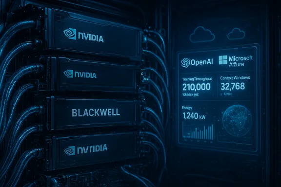 NVIDIA Blackwell GPUs in a server rack beside an OpenAI/Microsoft Azure data panel. NVIDIA Blackwell GPUs in a server rack beside an OpenAI/Microsoft Azure data panel.