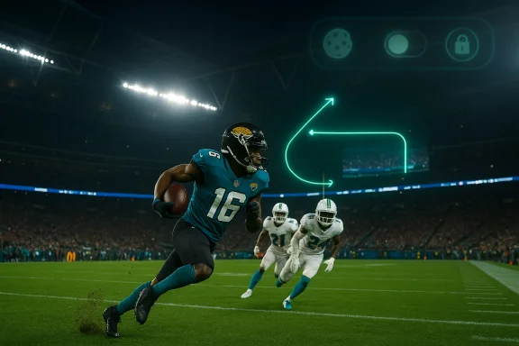 Jaguars receiver #16 sprints with the ball as defenders close in under bright stadium lights.